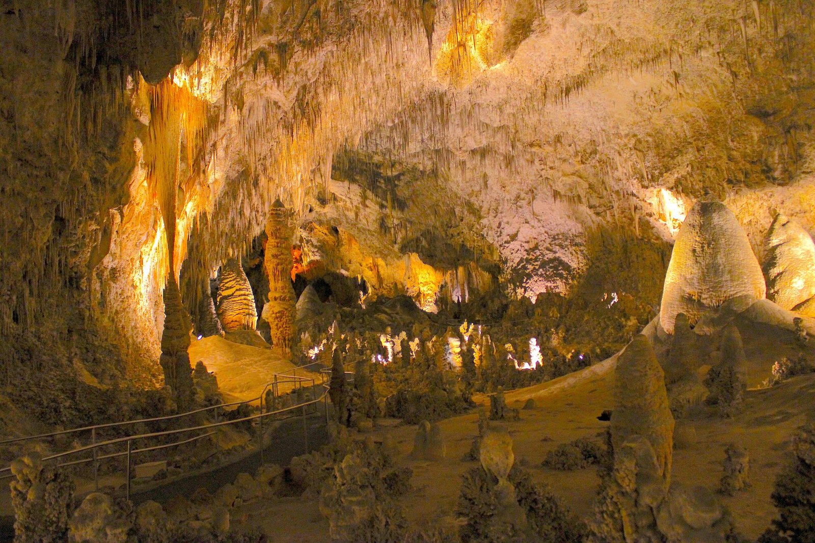 A paved and railing-lined path curves through a large Carlsbad Caverns chamber filled with dramatic speleothems, illustrating visitor logistics and accessibility.