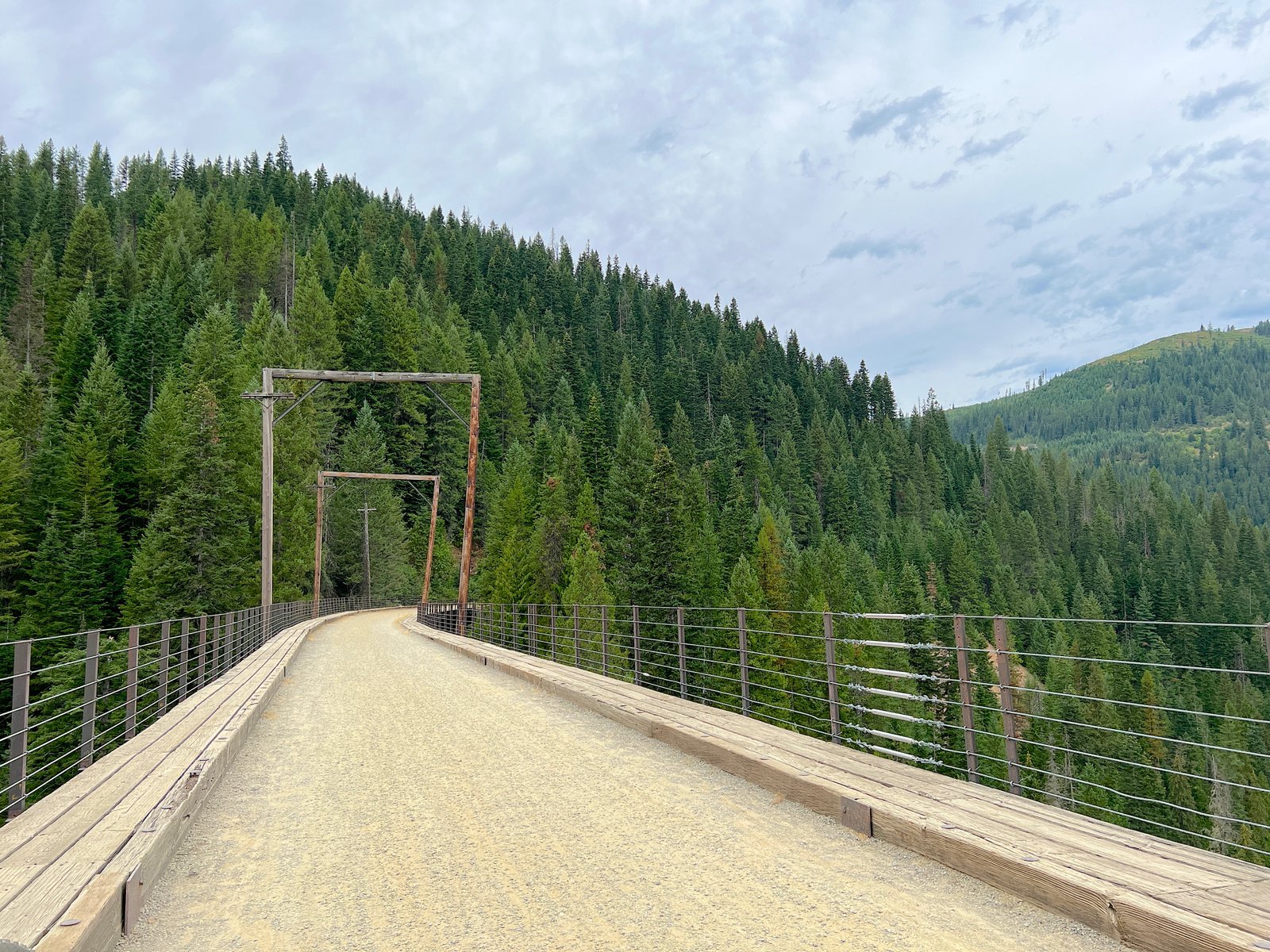 Bicyclist crossing the wooden deck of the first high trestle bridge surrounded by evergreen trees on the Route of the Hiawatha.