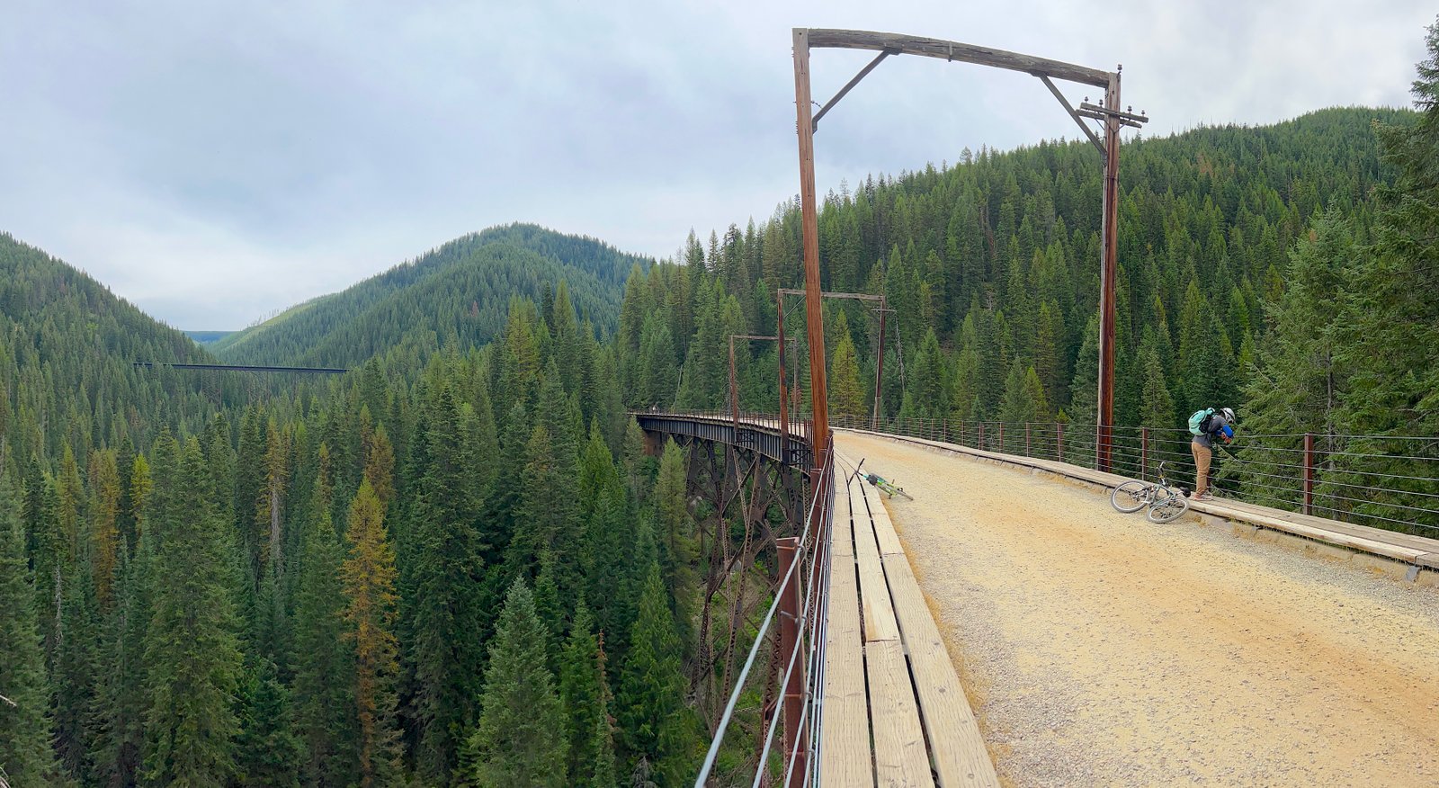 Wide panoramic view of a man standing on a high wooden trestle bridge looking over the safety railing at the forested Bitterroot Mountain canyon below.