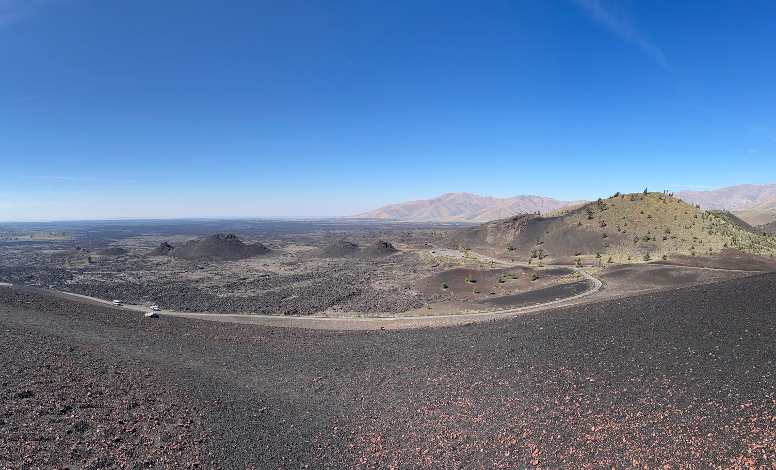 Scenic drive along the 7-Mile Loop Road surrounded by volcanic cinder cones at Craters of the Moon National Monument