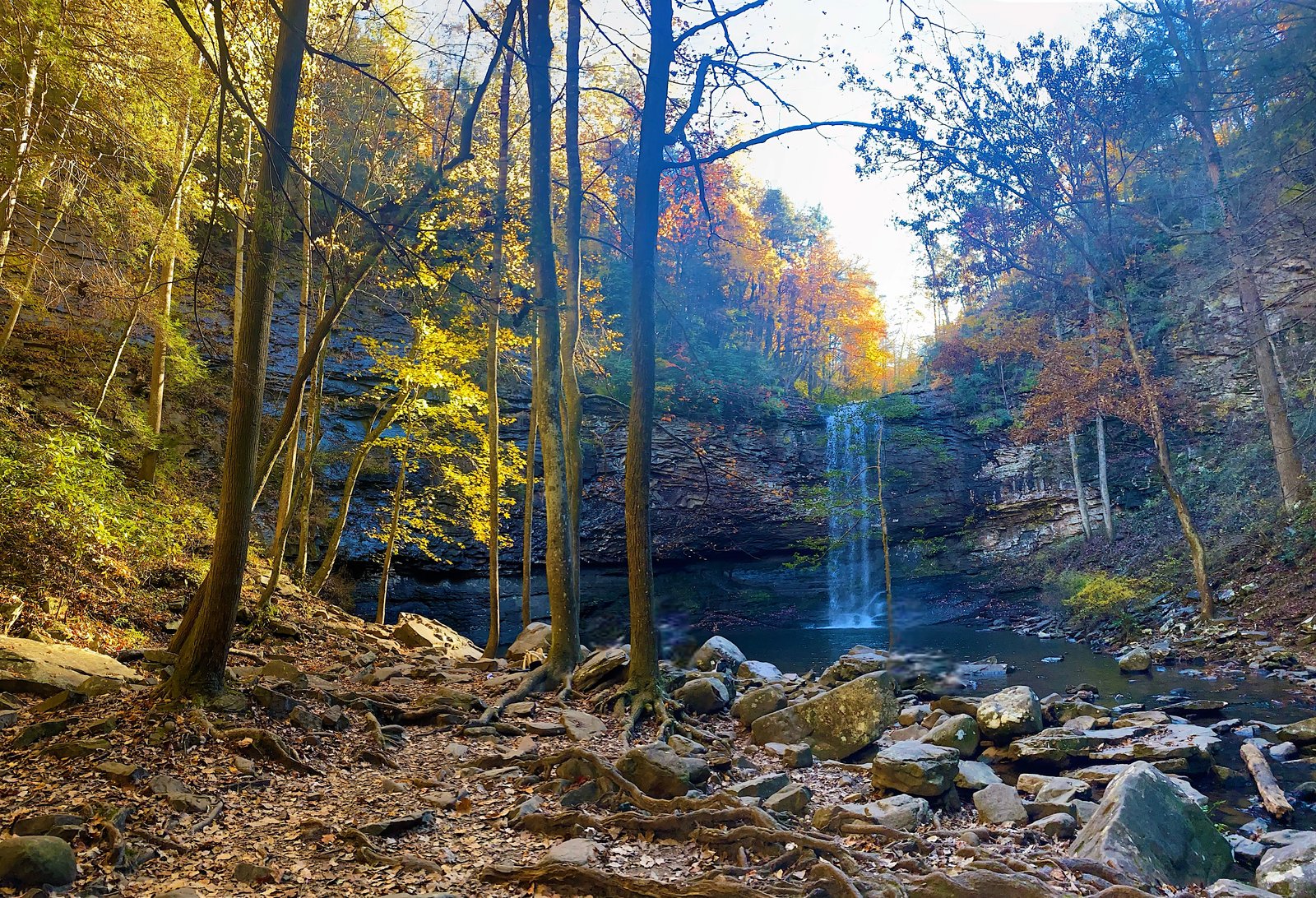 photo of waterfall with fall colors surrounding