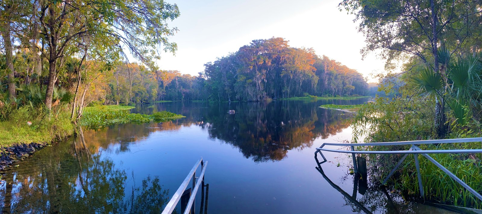 Wide panoramic view of the calm river reflection and historic dock area at Silver Springs State Park