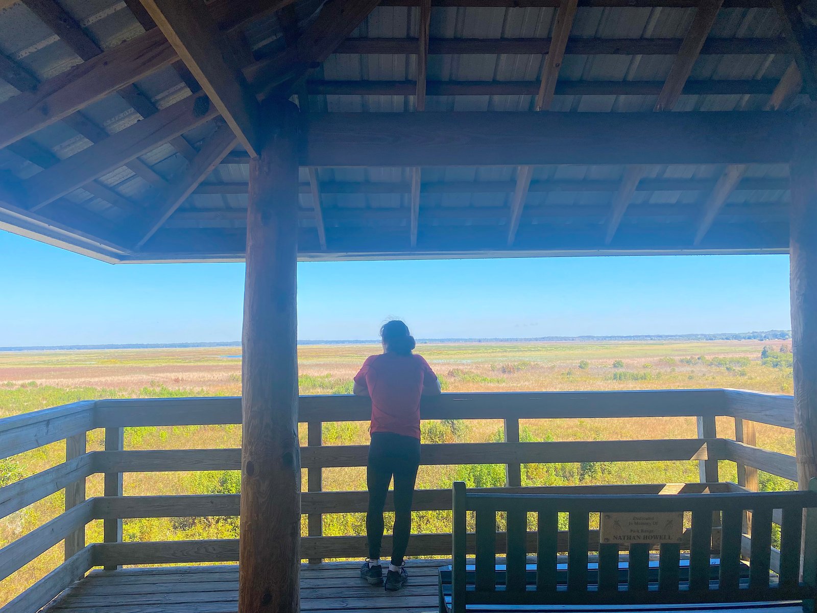 A hiker looking out from the covered wooden observation tower over the vast open savanna at Paynes Prairie Preserve State Park.