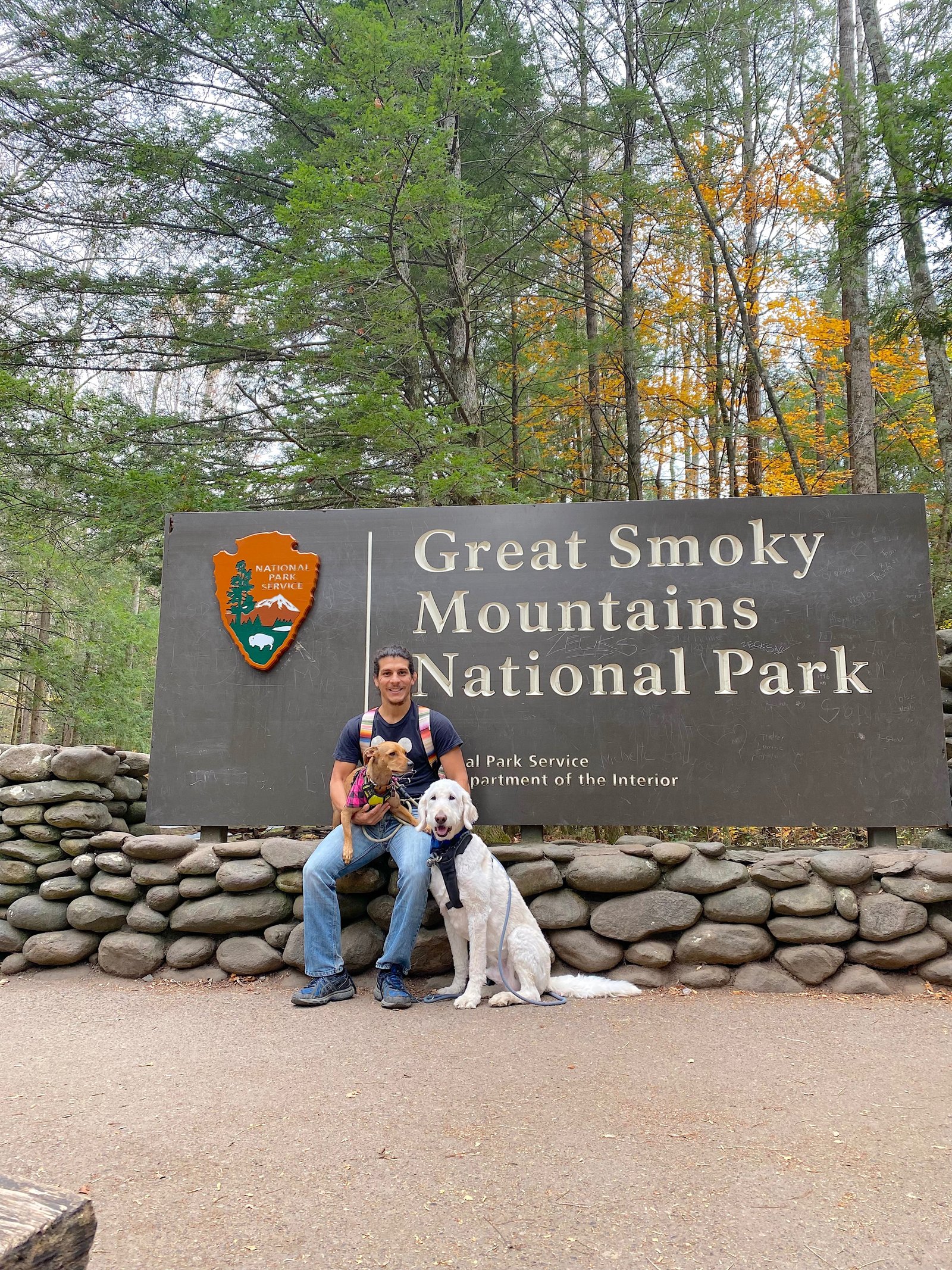 A man and two dogs posing in front of the stone and wooden Great Smoky Mountains National Park entrance sign.