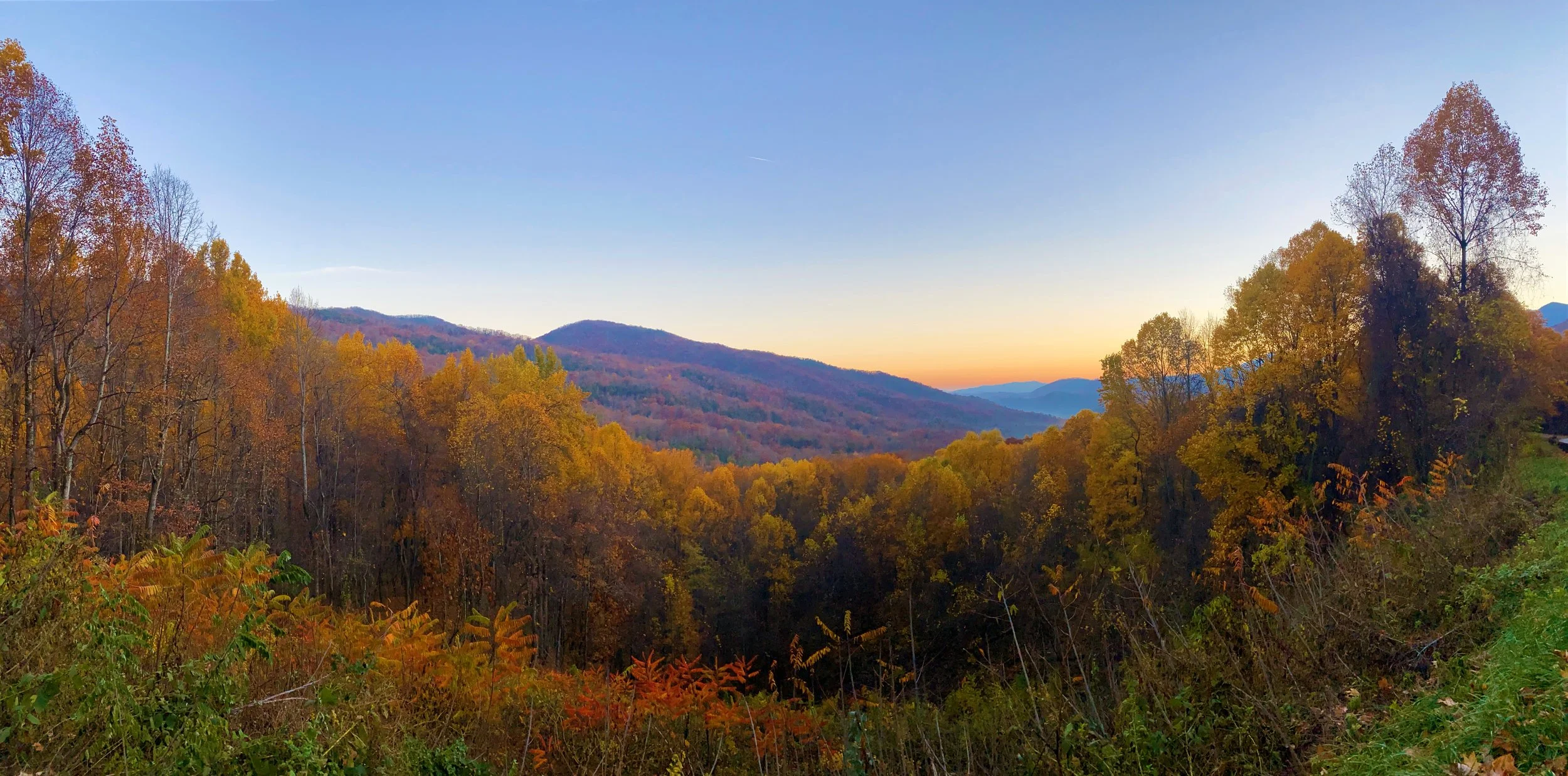 A breathtaking morning sunrise casting a warm golden glow over a dense forest of autumn trees and rolling mountain ridges in the Great Smoky Mountains National Park.