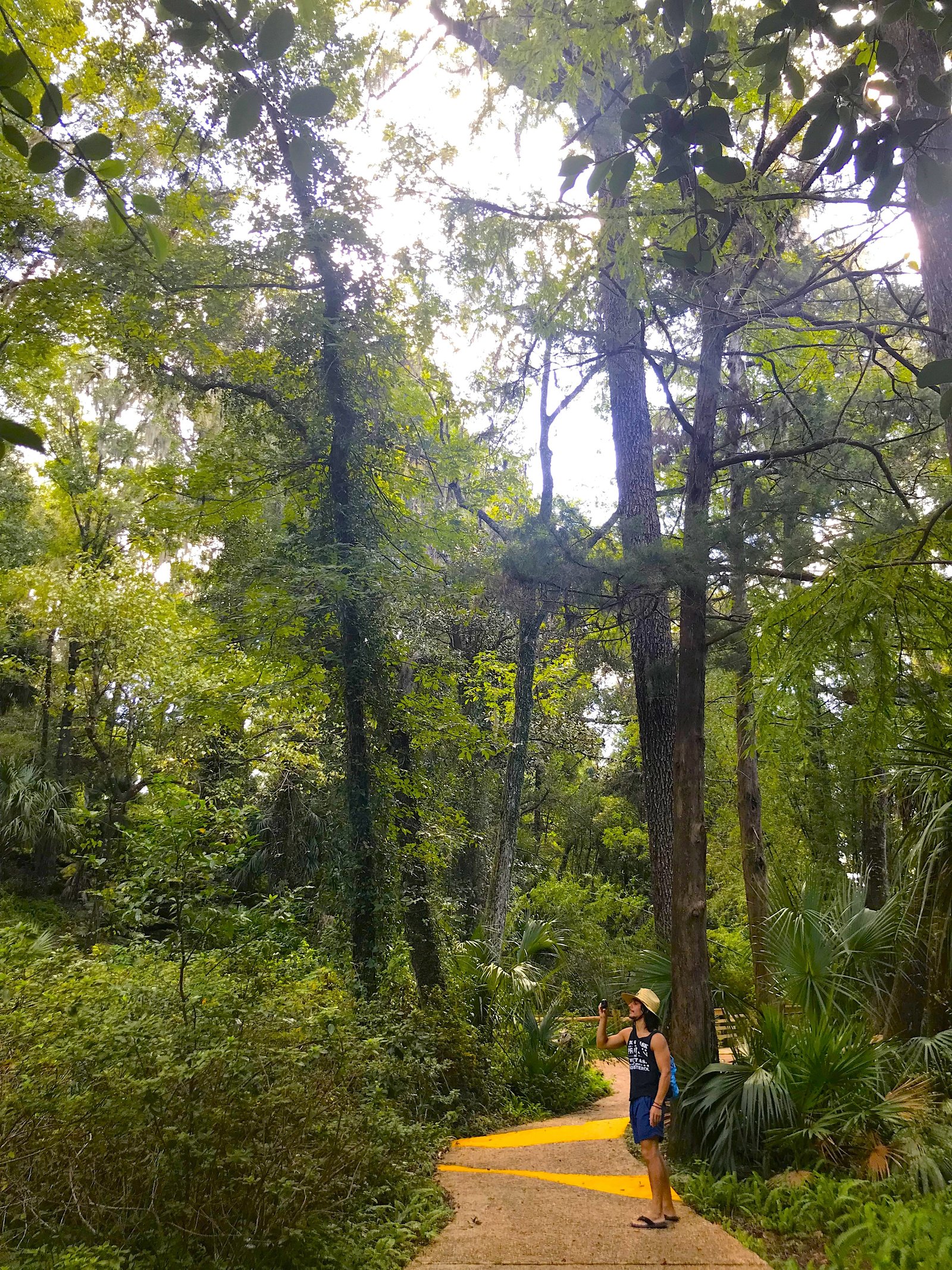 Man wearing a wide-brim sun hat and carrying a dry bag while walking on a shaded path at Rainbow Springs State Park.