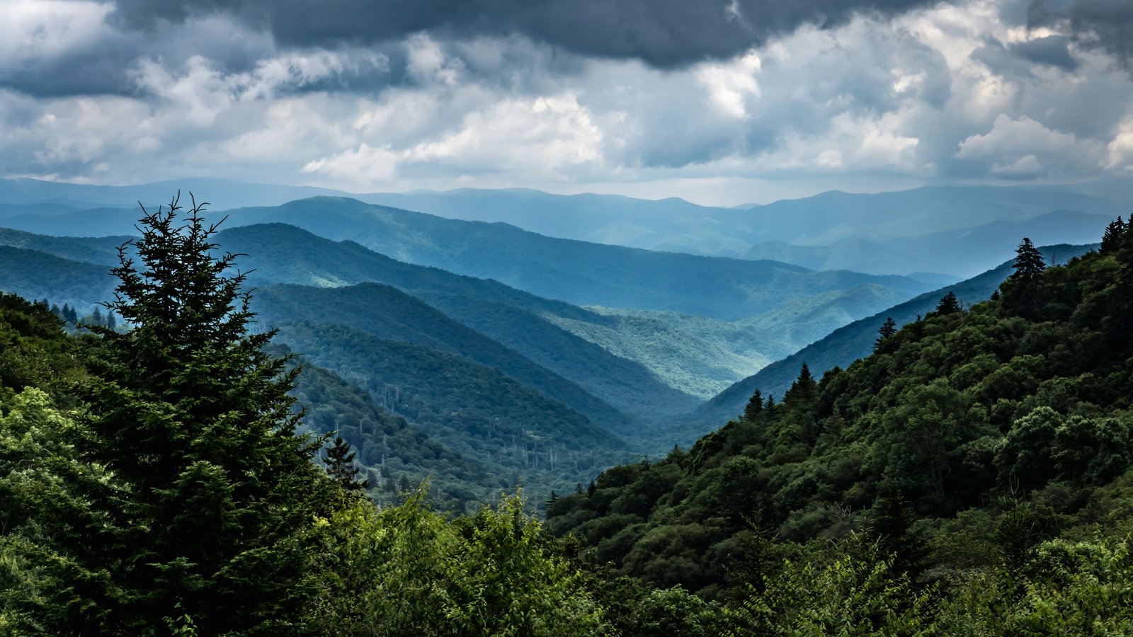A sweeping panoramic view of green rolling mountain ridges fading into a cloudy blue sky from a high-elevation overlook in the Smokies.