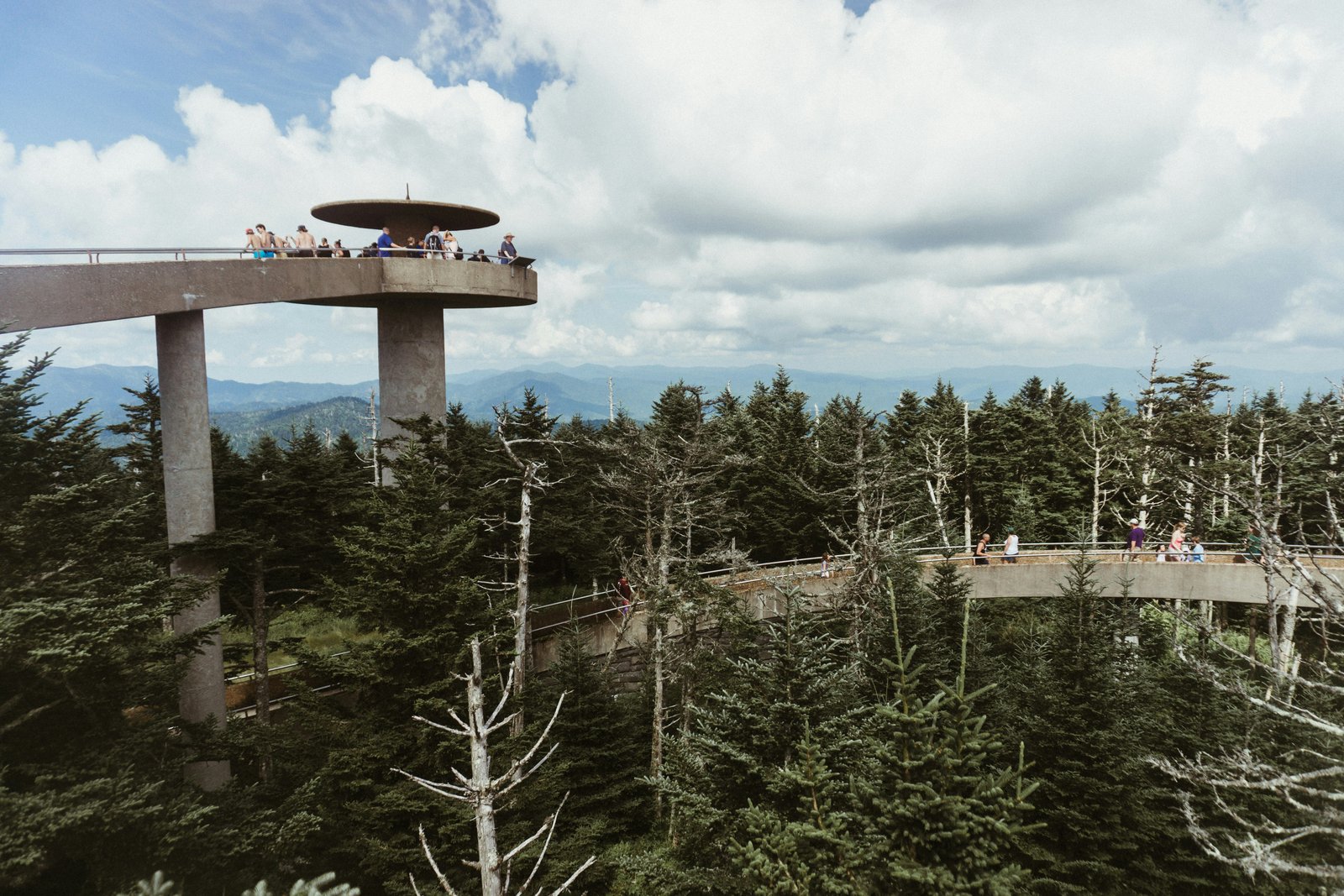 The concrete ramp and circular observation tower of Kuwohi (formerly Clingmans Dome) rising above a dense evergreen forest under a partly cloudy sky.