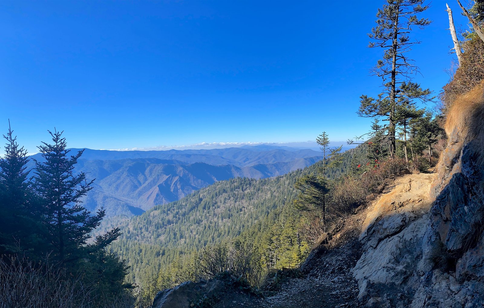 A hiker walking along a rocky cliff edge on the upper section of Alum Cave Trail with distant panoramic mountain views in Great Smoky Mountains National Park.
