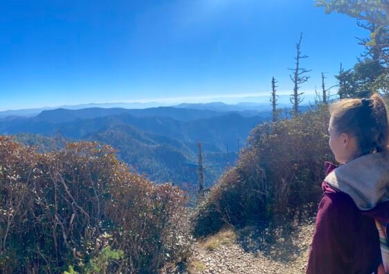 Hiker looking out over the panoramic blue ridge mountain views from the summit near Mount LeConte in Great Smoky Mountains National Park.