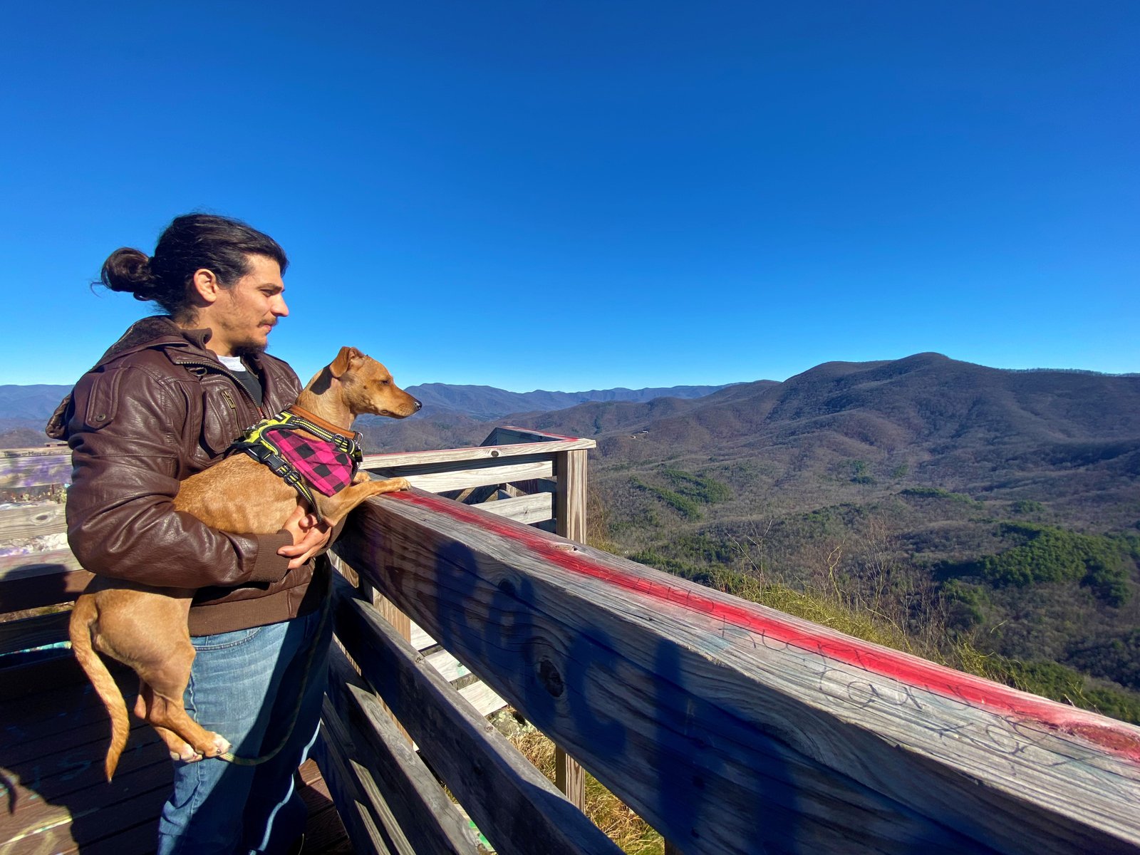 man holding dog looking out at mountains