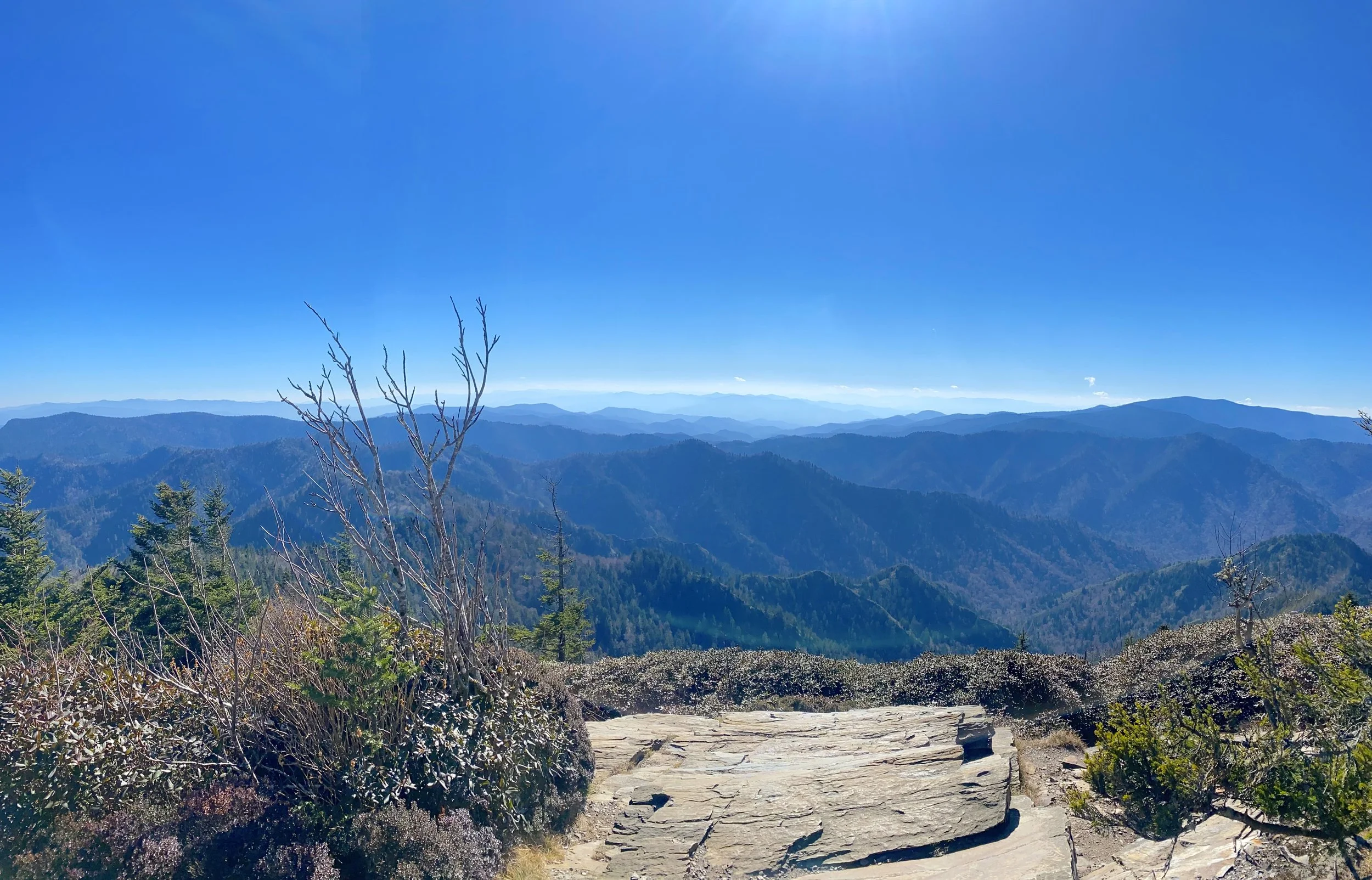 Sweeping panoramic views of endless blue ridge mountains from the high-altitude viewpoint at Myrtle Point in Great Smoky Mountains National Park.