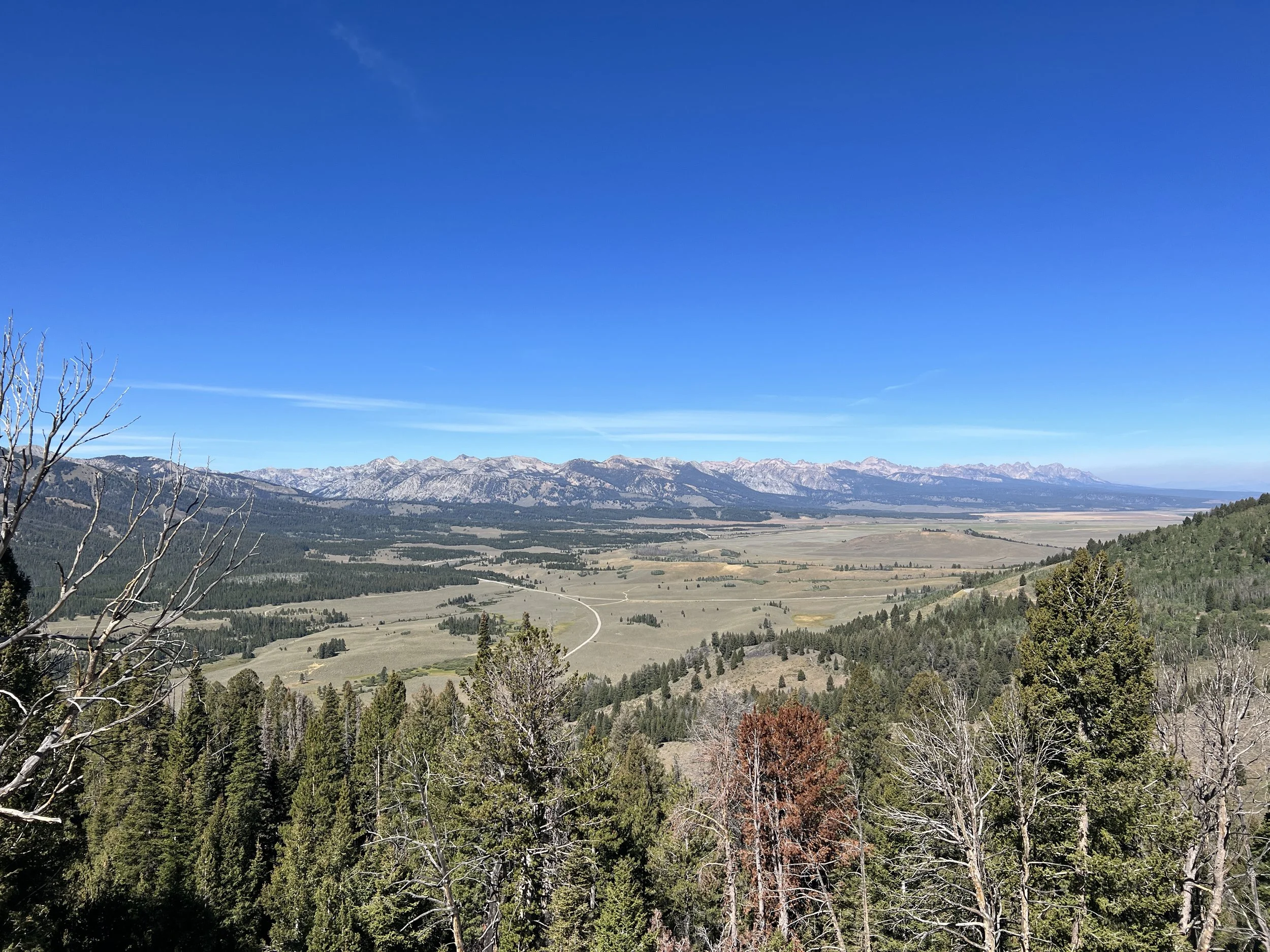 Panoramic view of the rugged alpine valley and peaks from the Galena Overlook along the Sawtooth Scenic Byway in Idaho.