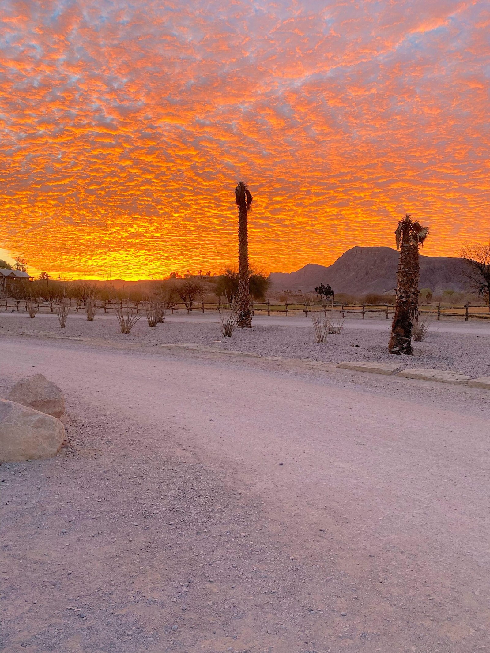 Vibrant purple and orange sunrise sky glowing over resort buildings during an early morning shift at Lajitas Golf Resort.