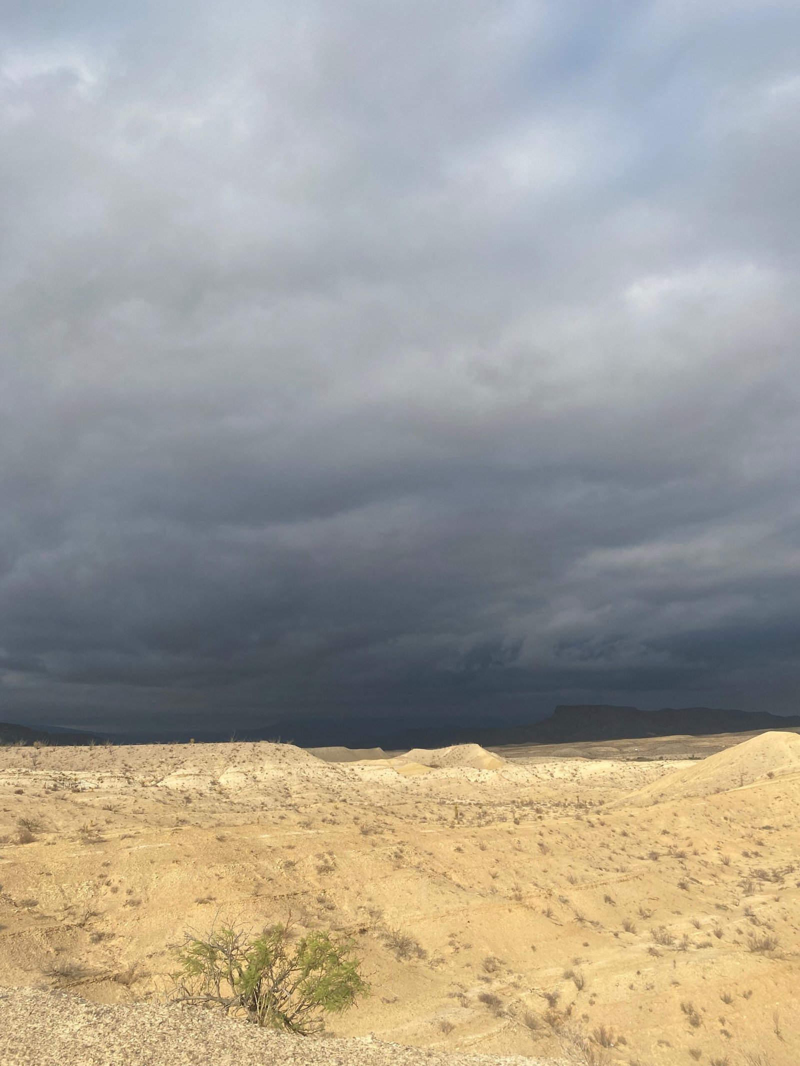 Dark, heavy storm clouds moving over the open West Texas desert landscape near Lajitas.