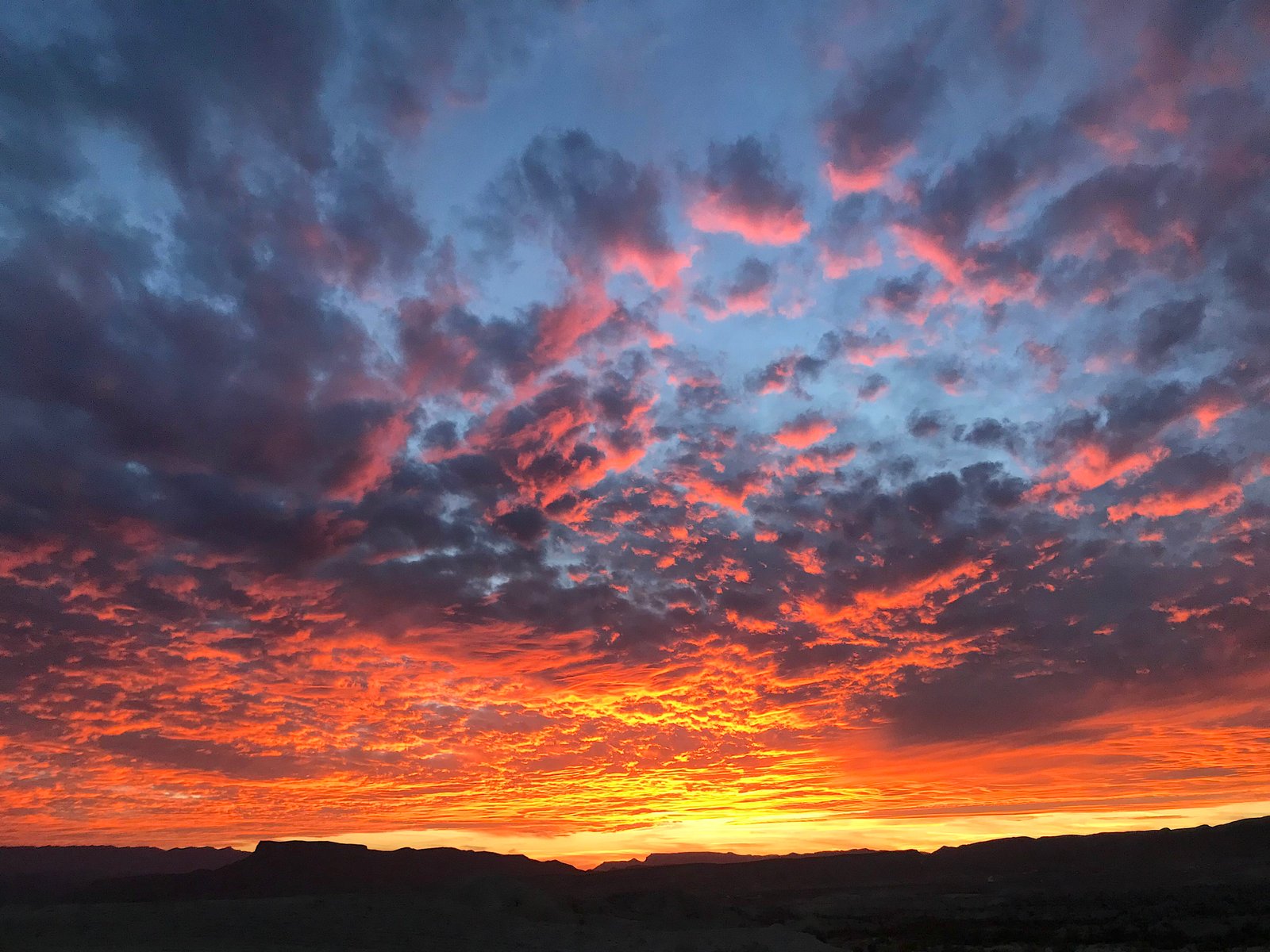 Massive, colorful sunset with fiery orange, pink, and purple clouds stretching across the evening sky over the West Texas desert near Lajitas.