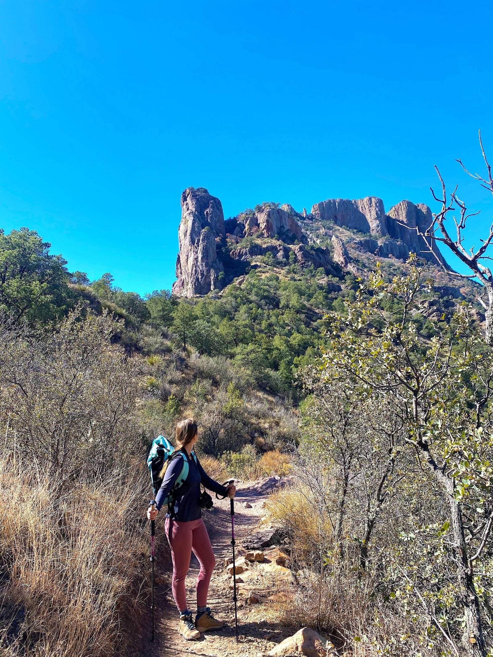 Hiker with a backpack and trekking poles hiking on a desert trail in West Texas.