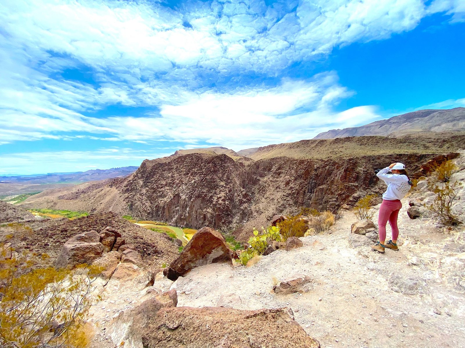 Hiker standing at a scenic desert canyon overlook under a bright blue sky in Big Bend Ranch State Park.