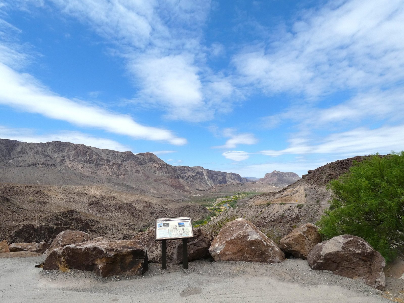 Interpretive information plaque at a scenic overlook high above the Rio Grande in Big Bend Ranch State Park.