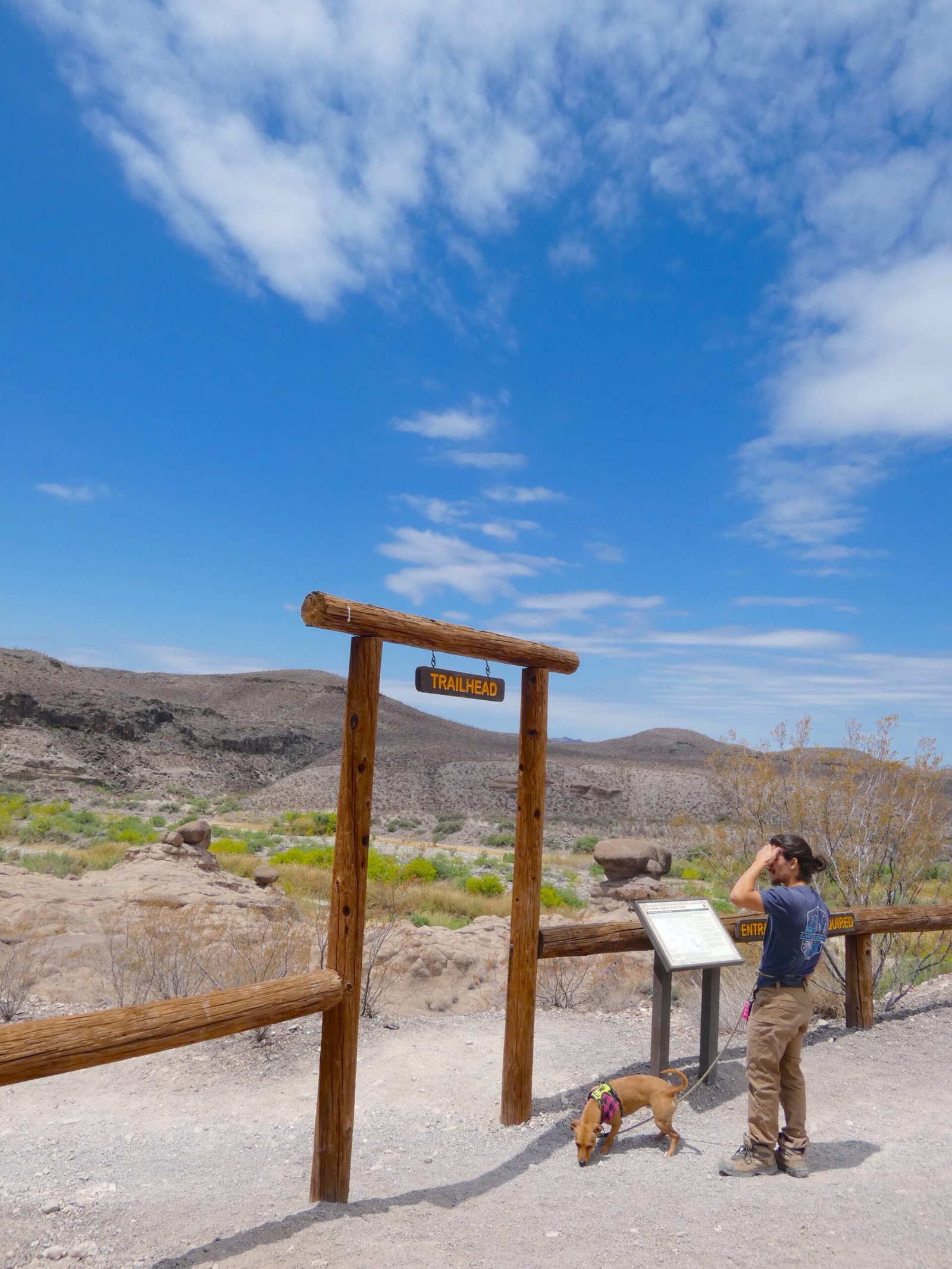 Hiker and dog standing at the wooden Hoodoos Trailhead sign in Big Bend Ranch State Park.