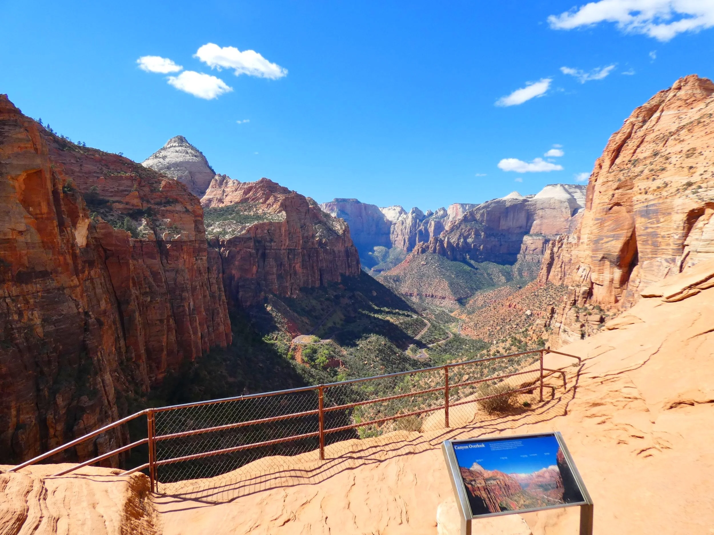 Scenic panoramic view of Pine Creek Canyon from the wooden platform at the end of the Canyon Overlook Trail in Zion National Park