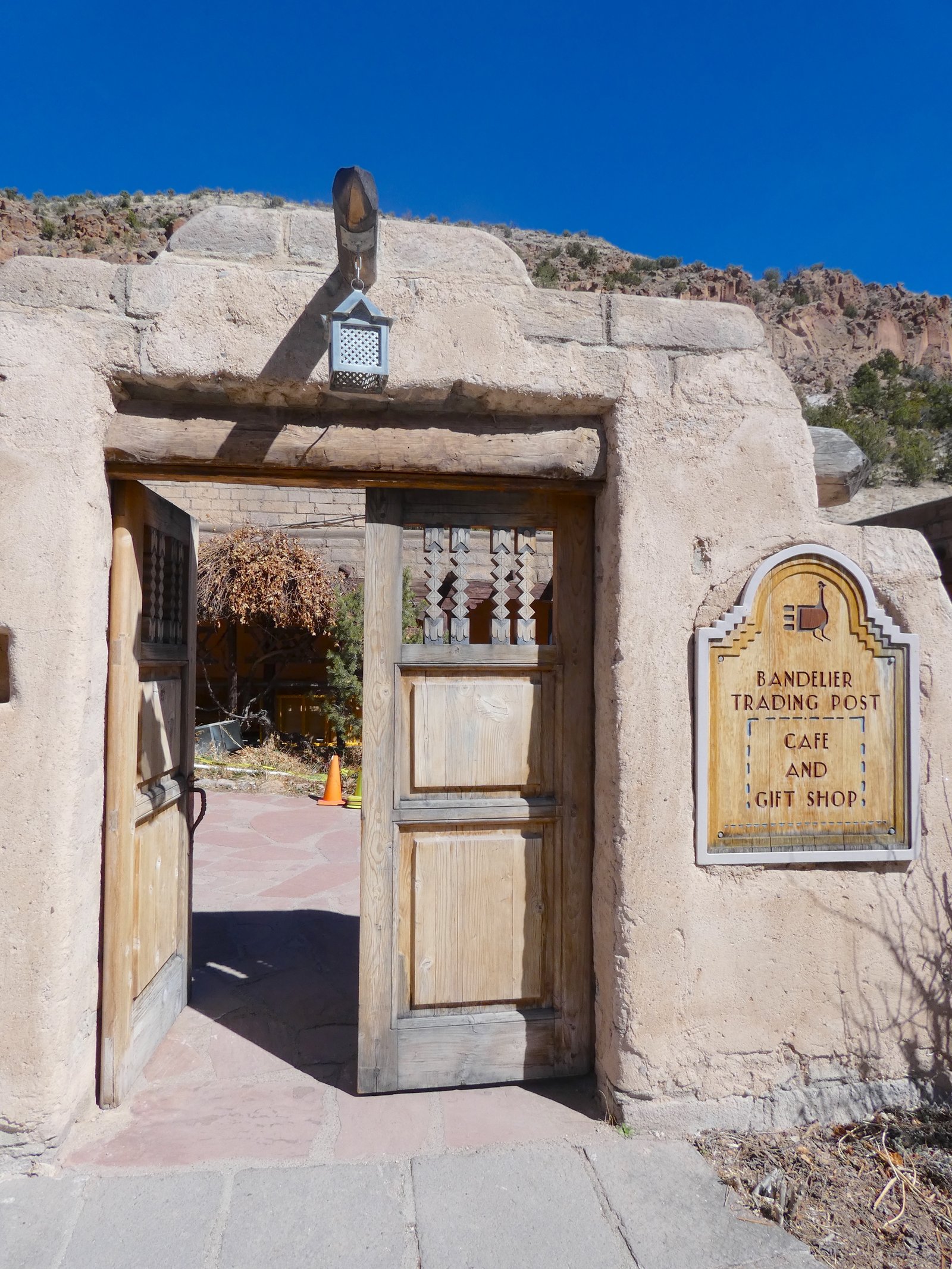 The exterior of the cafe and gift shop building near the visitor center at Bandelier National Monument.