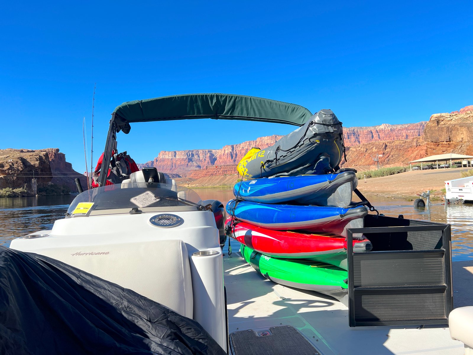 The backhaul boat loaded with both rental kayaks and personal kayaks before heading upriver.