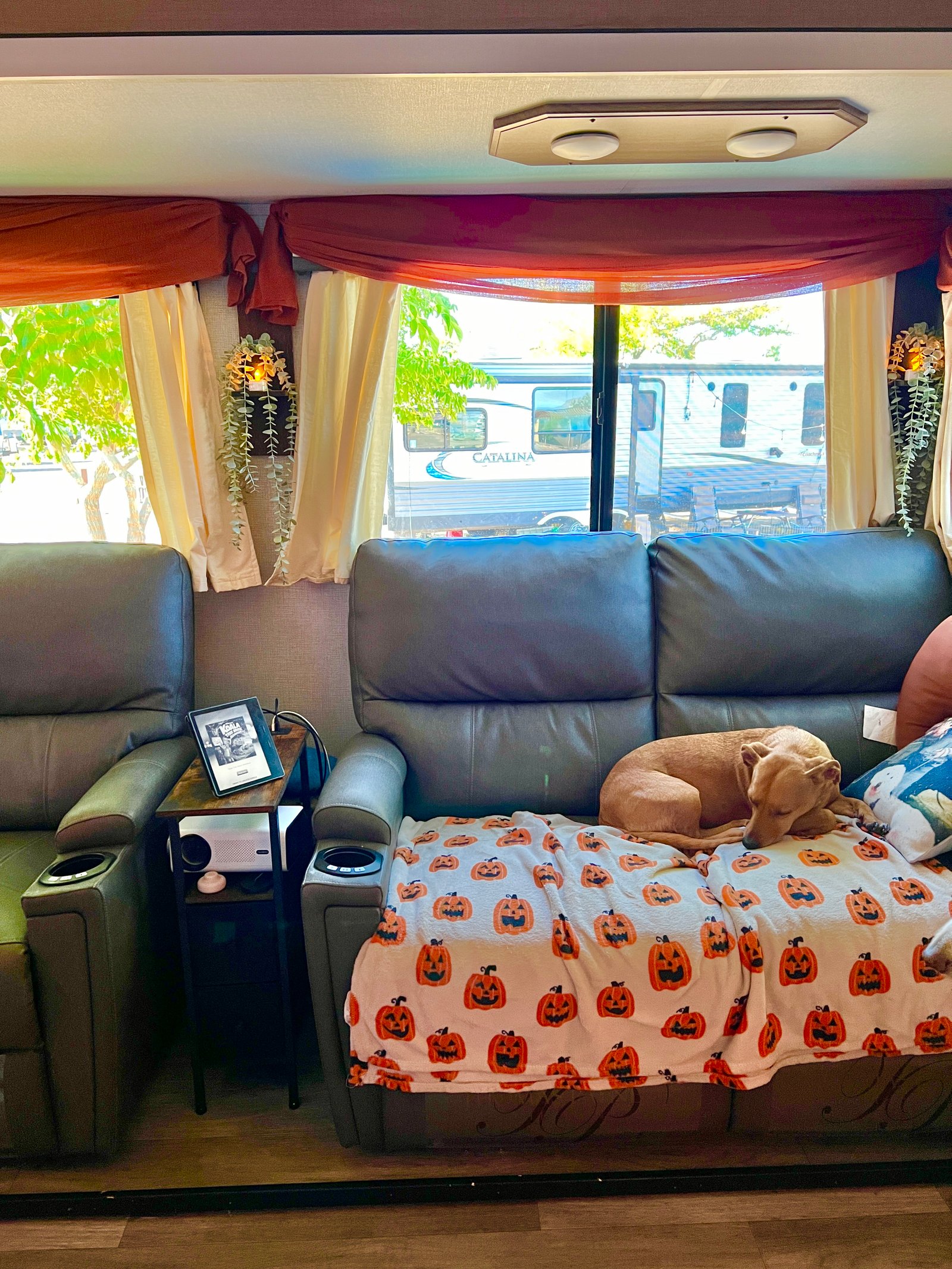 rv living room with drapes on valances