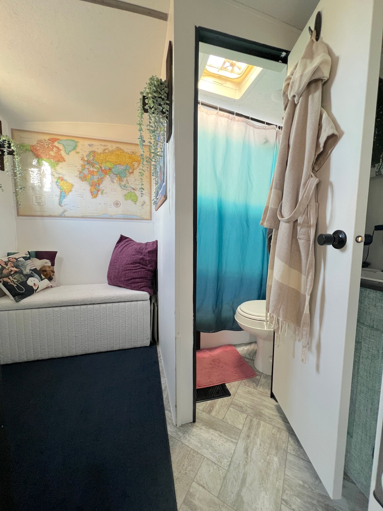 rv bunkroom with ottoman