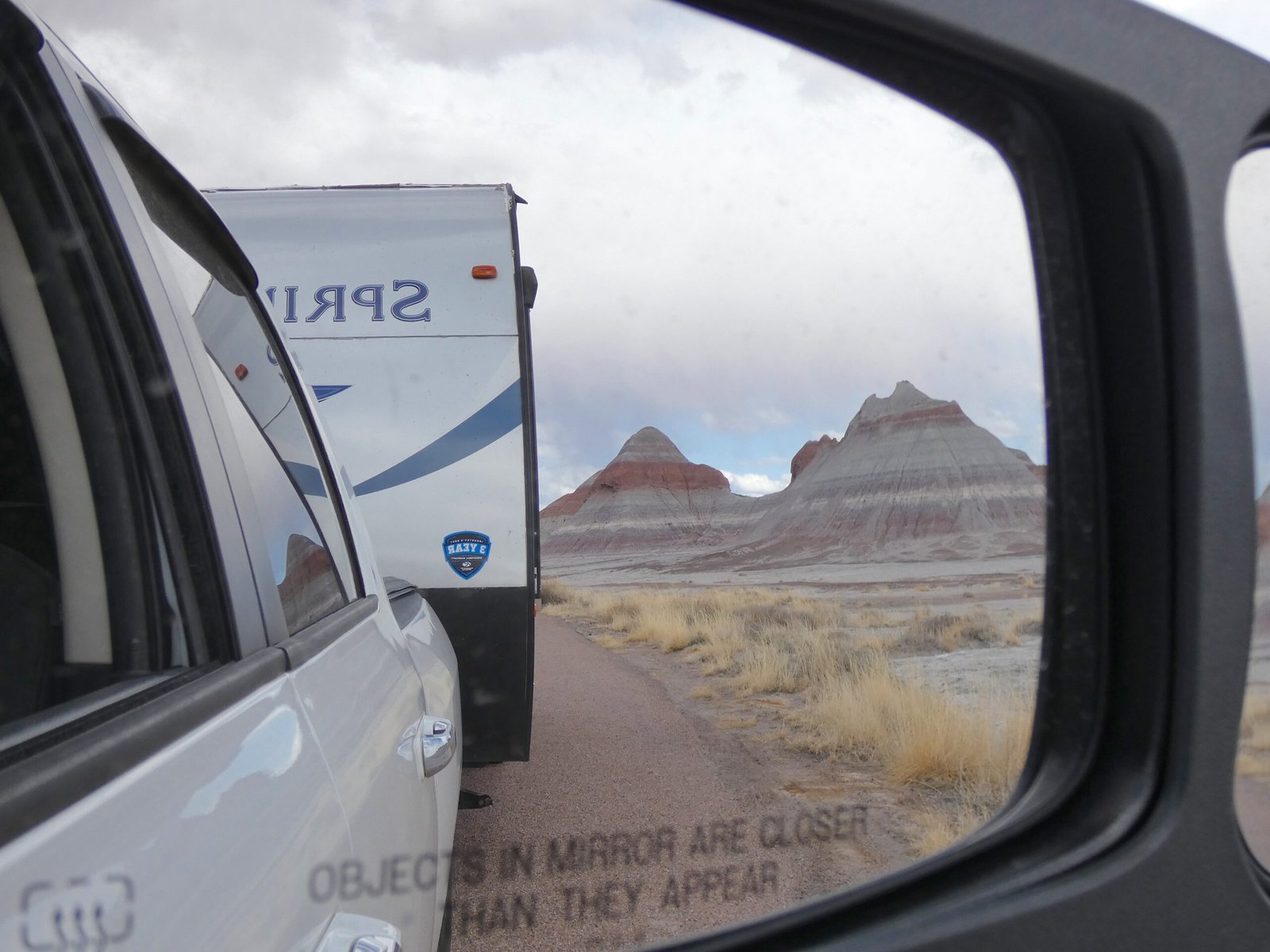 Driving through Petrified Forest National Park with our RV.