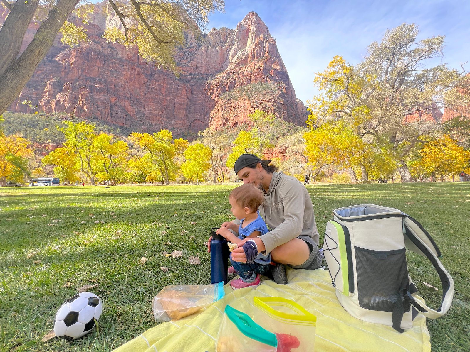 Father and toddler daughter having a picnic on the lawn at Zion Lodge with red rock canyon walls in the background.