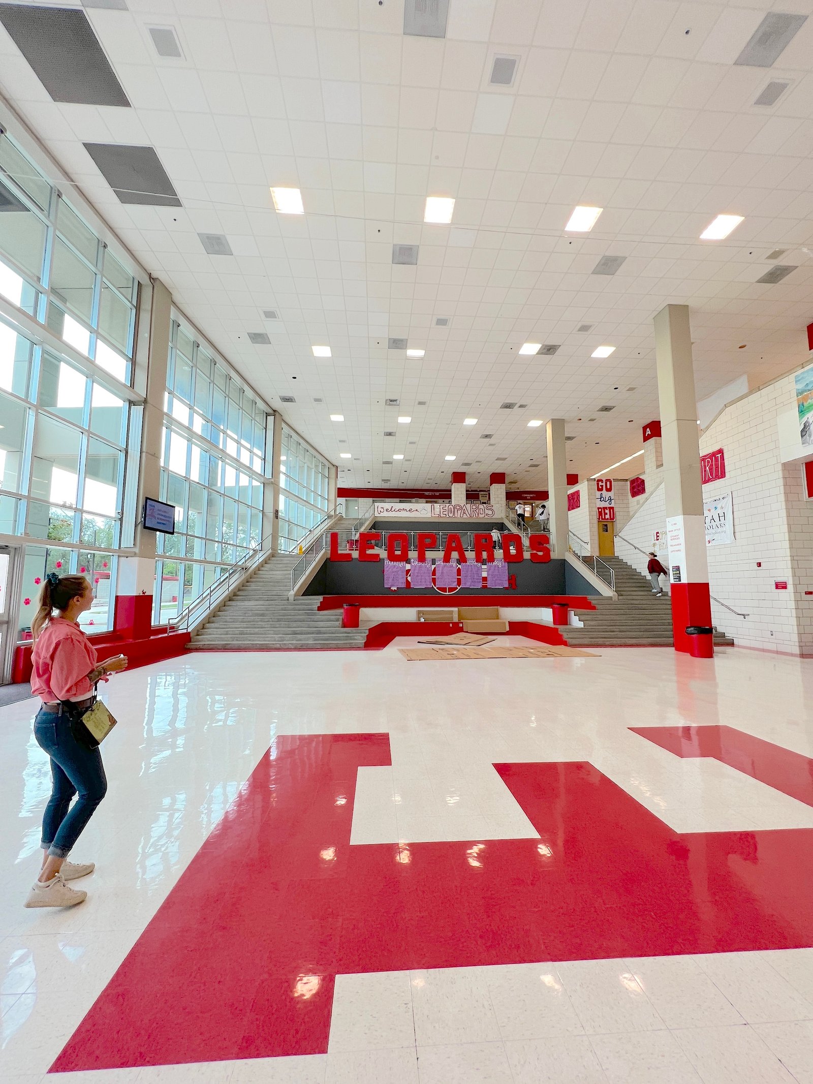 The interior commons area at East High School in Salt Lake City, showing the balcony and the stairs where Sharpay walked down in High School Musical.