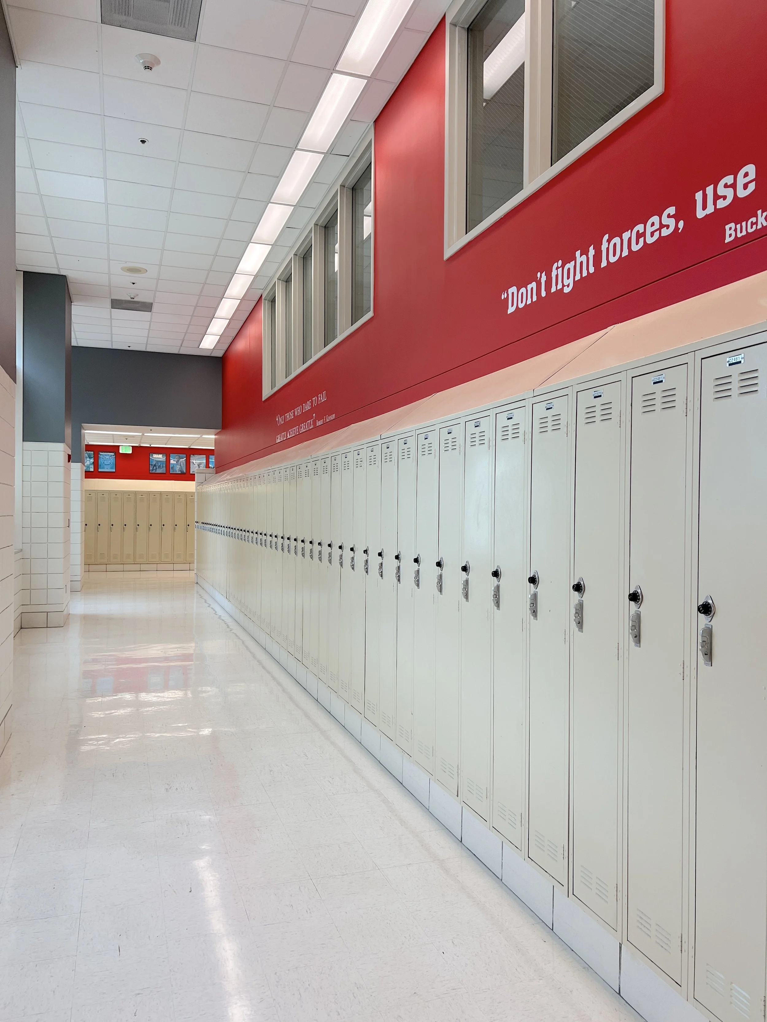 A school hallway lined with lockers at East High School, marking the spot where Troy's locker was located in High School Musical.