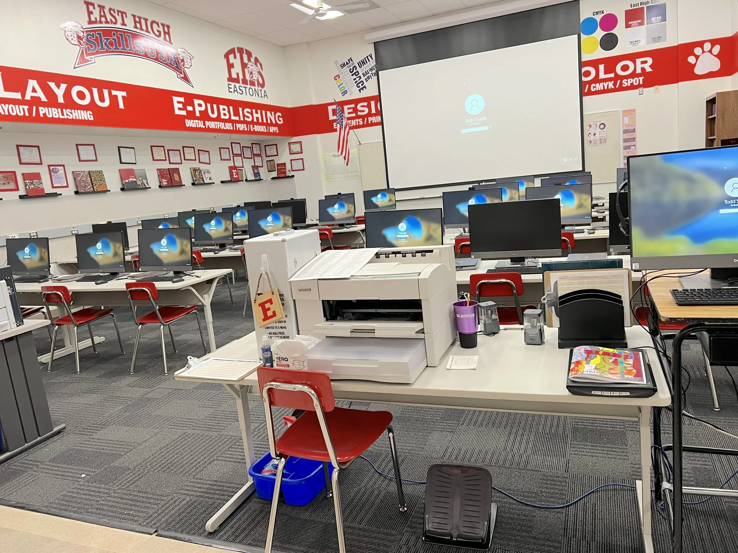 The interior of the science classroom at East High School, featuring lab tables and equipment used during filming.